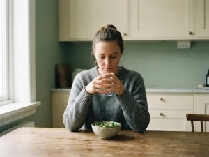 Vrouw staart gespannen naar een kleine salade aan een minimalistische houten tafel, handen om een glas water, zacht natuurlijk daglicht.
