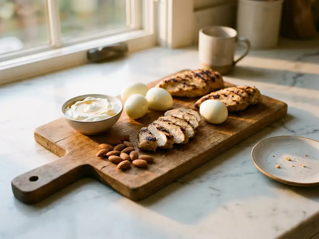 Gegrilde kipfilet, gekookte eieren, Griekse yoghurt en amandelen op wit keukenblad in warm goudkleurig licht.
