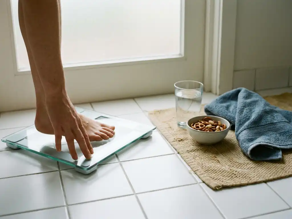 Voet op badkamerweegschaal naast glas water, zoute snacks en gevouwen sporthanddoek op witte tegelvloer in zacht ochtendlicht.