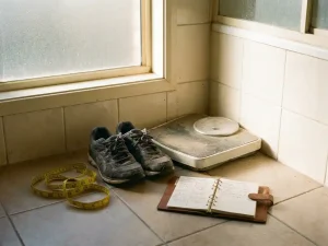 Versleten sportschoenen, meetlint en fitnessjournal op tegelvloer, met een stoffige weegschaal op de achtergrond in warm ochtendlicht.