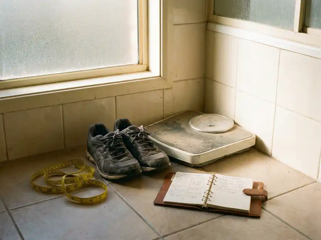 Versleten sportschoenen, meetlint en fitnessjournal op tegelvloer, met een stoffige weegschaal op de achtergrond in warm ochtendlicht.