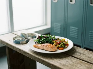 Bord met gegrilde zalm, bladgroenten en geroosterde groenten naast een meetlint op een fitnessbank in zacht daglicht.