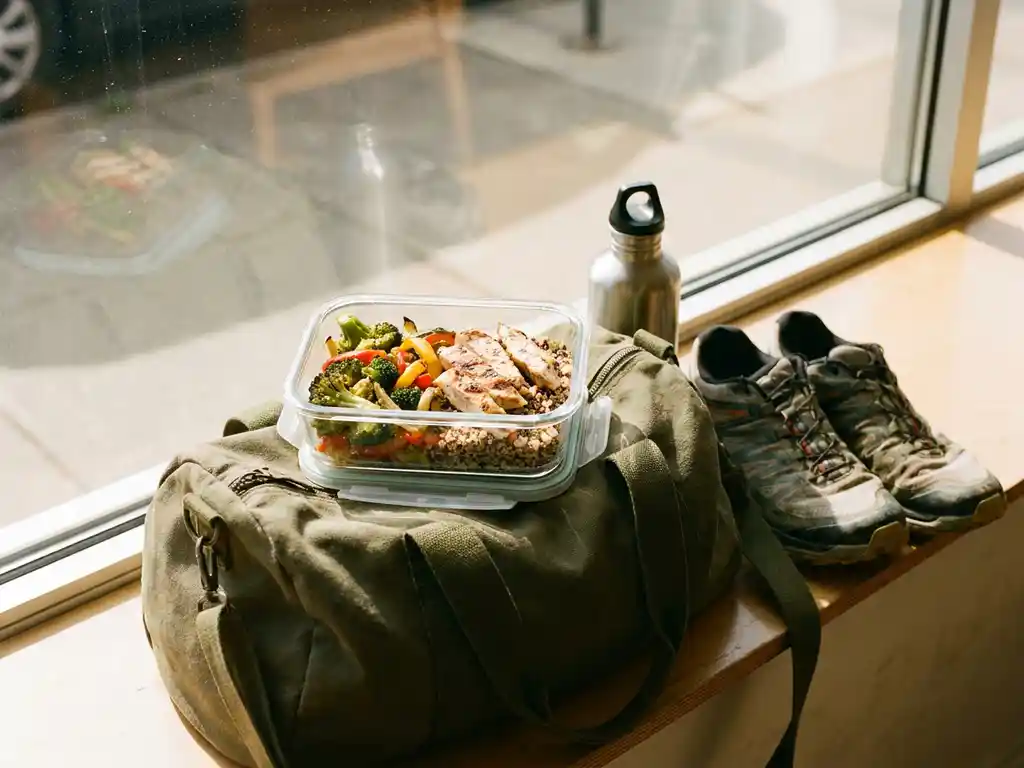 Gezonde afhaalmaaltijd met gegrilde kip, groenten en zilvervliesrijst naast een sporttas, waterfles en hardloopschoenen.