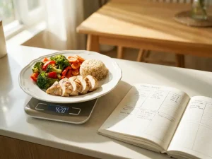 Gegrilde kip met kleurrijke groenten en bruine rijst op wit bord naast een fitnessjournal en keukenweegschaal.