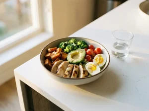 Kleurrijke whole foods bowl met gegrilde kip, avocado, gekookte eieren en verse groenten op een wit keukenblad in natuurlijk licht.