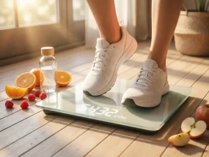 Witte hardloopschoenen op digitale weegschaal met stappenteller, omringd door fruit en waterfles op houten vloer in ochtendlicht.