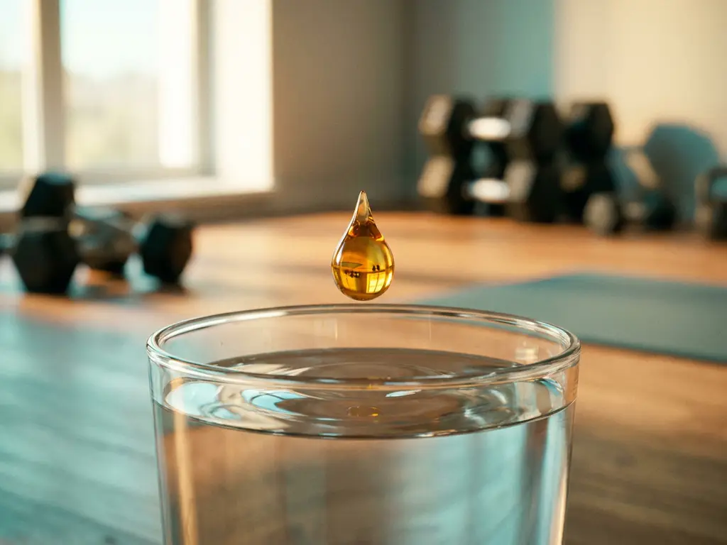 Gouden oliedruppel valt in een glas water, met dumbbells op een sportschoolvloer op de achtergrond.