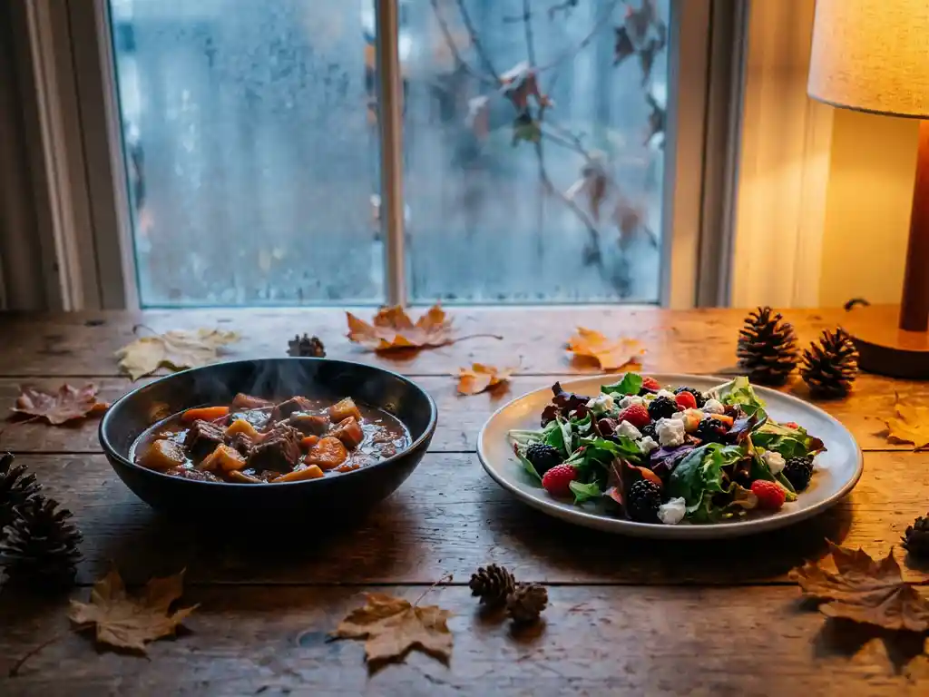 Houten eettafel met winterse stoofpot en zomerse salade, omringd door herfstbladeren, warm gouden licht, bevroren raam op achtergrond.