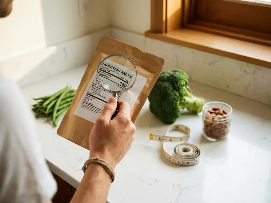 Hand die een voedingswaardenlabel op een product bestudeert, met verse groenten en meetlint op wit keukenblad.